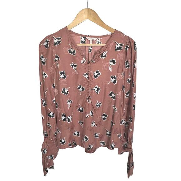 REBECCA TAYLOR Silk Long Sleeve Paintbrush Top Blouse Tied cuffs V-neck Sz 4 - Picture 2 of 11